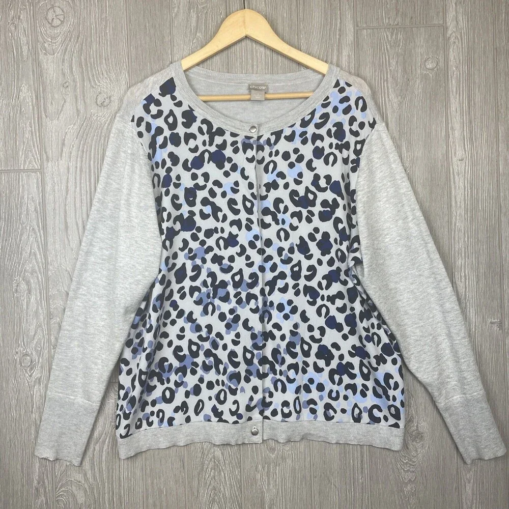 Chicos Cardigan Sweater Womens 3 XL Grey Blue Leopard‎ Animal Office Bold Fun
